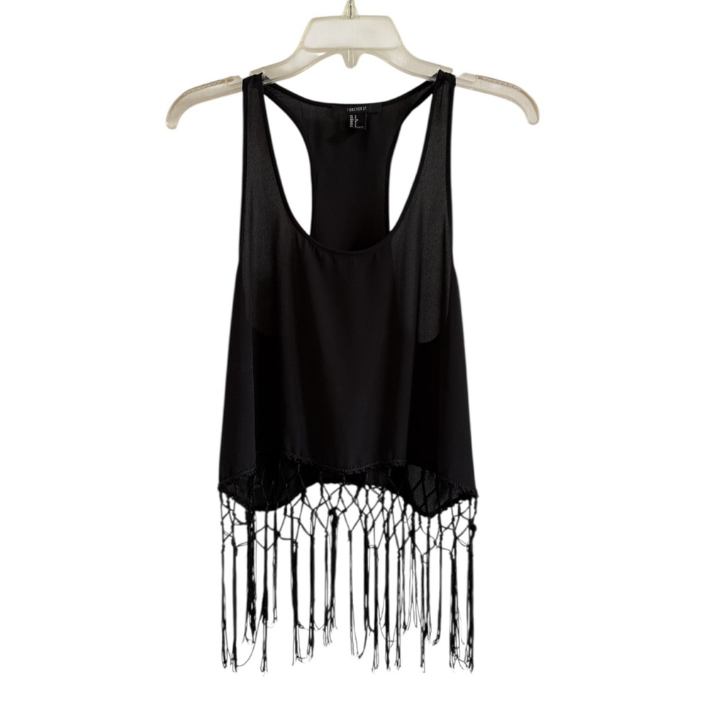 Women’s Black Fringe Macrame Racerback Tank Top Sheer Festival Boho Small